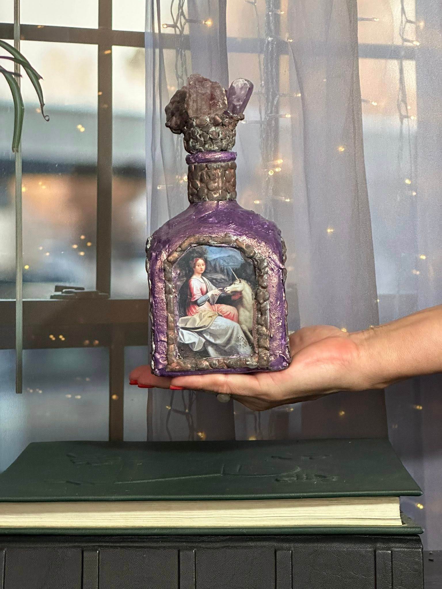 Purple goddess spell bottle with amethyst crystal stopper by Loren Morris, Primitive Witchery